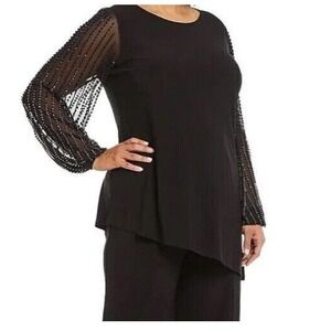 Marina 2 Piece‎ Beaded Asymmetrical Hemline  Long Sleeve Jewel Neck Top Size 12